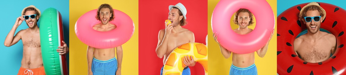 Collage with beautiful photos themed to summer party and vacation. Funny man wearing beachwear with inflatable rings on different color backgrounds, banner design