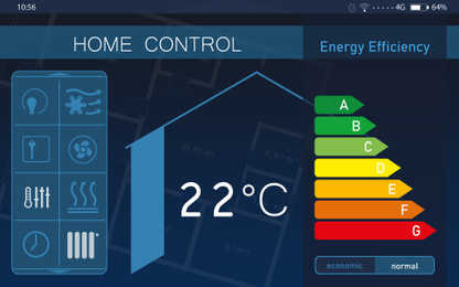 Energy efficiency home control system. Application displaying indoor temperature and other settings