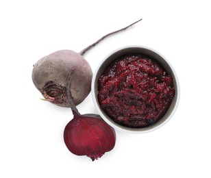 Photo of Delicious beetroot puree and fresh vegetables on white background, top view. Healthy food