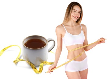 Slim young woman with measuring tape and cup of weight loss herbal tea on white background