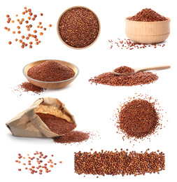 Image of Set of raw red quinoa on white background