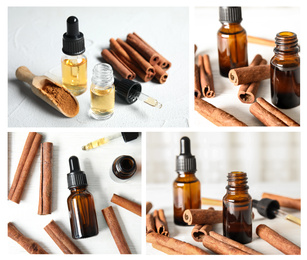 Image of Collage of different photos with essential oils and cinnamon sticks
