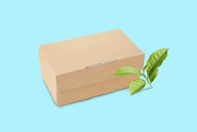 Cardboard box and green leaves on cyan background. Eco friendly lifestyle