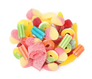 Pile of different jelly candies on white background, top view
