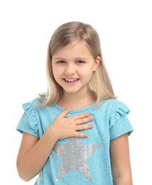 Photo of Happy little girl wearing casual outfit on white background