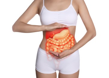 Image of Closeup view of woman with illustration of abdominal organs on her belly against white background