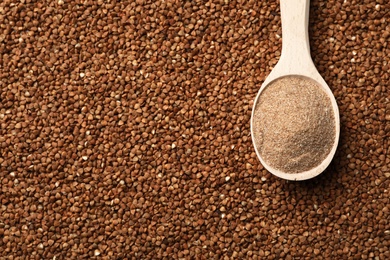 Spoon of gluten free flour on buckwheat, top view with space for text