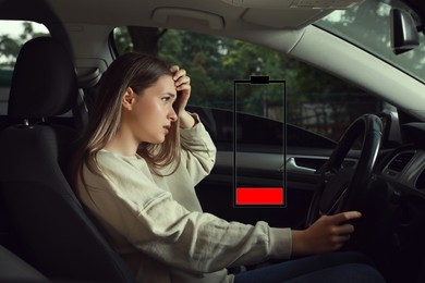 Illustration of discharged battery and tired woman in car. Extreme fatigue