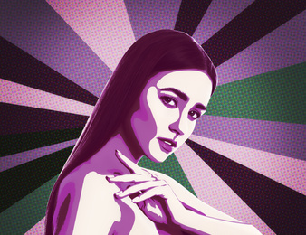 Illustration of beautiful young model on color background. Contemporary art 