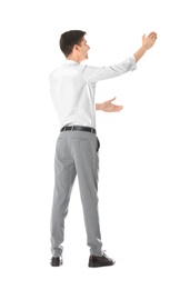 Business trainer explaining seminar on white background
