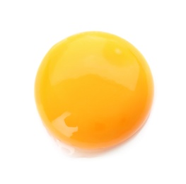 Raw chicken egg yolk on white background, top view