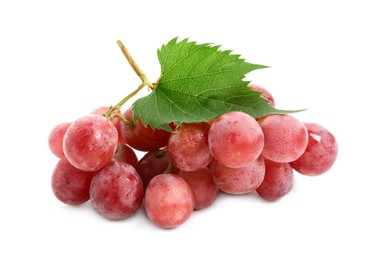 Cluster of ripe red grapes with green leaf on white background