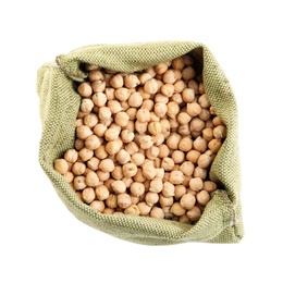 Chickpeas in sack on white background, top view. Natural food