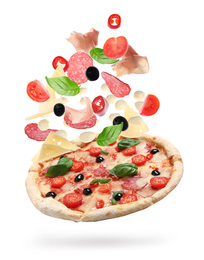 Image of Delicious pizza with flying ingredients on white background