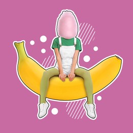 Cotton candy woman sitting on banana against pink background. Summer party concept. Stylish creative collage design