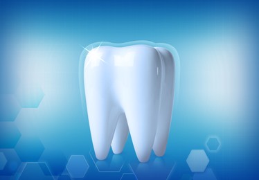 Tooth model with glowing on blue background. Dental care