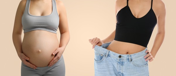 Woman before and after childbirth on beige background, closeup view of belly. Collage