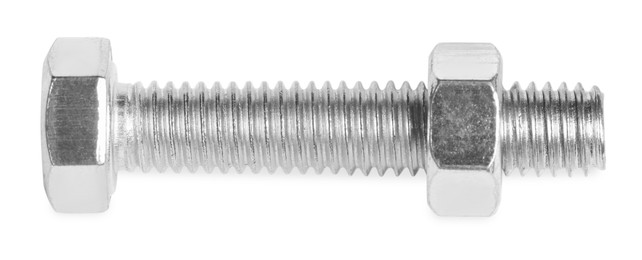 Metal bolt with hex nut on white background, top view