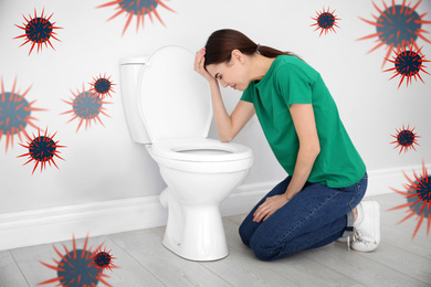 Young woman suffering from nausea at toilet bowl and bacteria illustration. Food poisoning