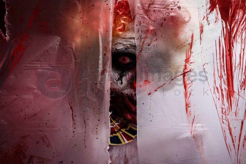 Photo of Terrifying clown staring through hole in torn bloodstained plastic film. Halloween party costume