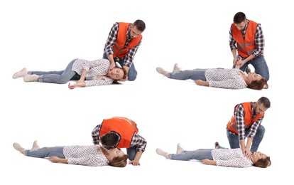 Paramedic performing first aid on unconscious woman against white background, collage 