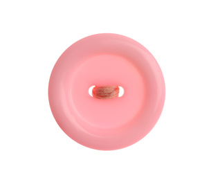 Pink plastic sewing button isolated on white, top view