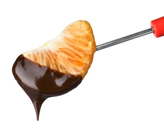 Segment of mandarin with chocolate on fondue fork against white background