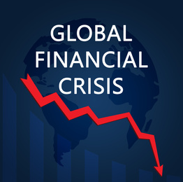 Illustration of chart and world map on blue background. Coronavirus impact on global financial crisis