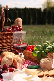 Blanket with picnic basket and different products on green grass