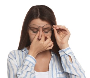 Young woman suffering from eyestrain on white background