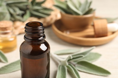 Bottle of essential sage oil and leaves on wooden table, closeup. Space for text
