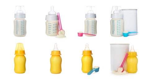 Feeding bottles with infant formula on white background, collage. Baby milk