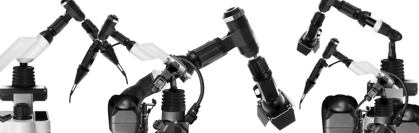 Modern electronic laboratory robot manipulators on white background, banner design. Machine learning