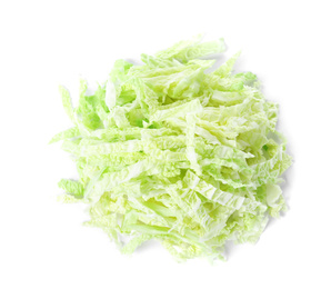 Photo of Pile of chopped savoy cabbage isolated on white, top view