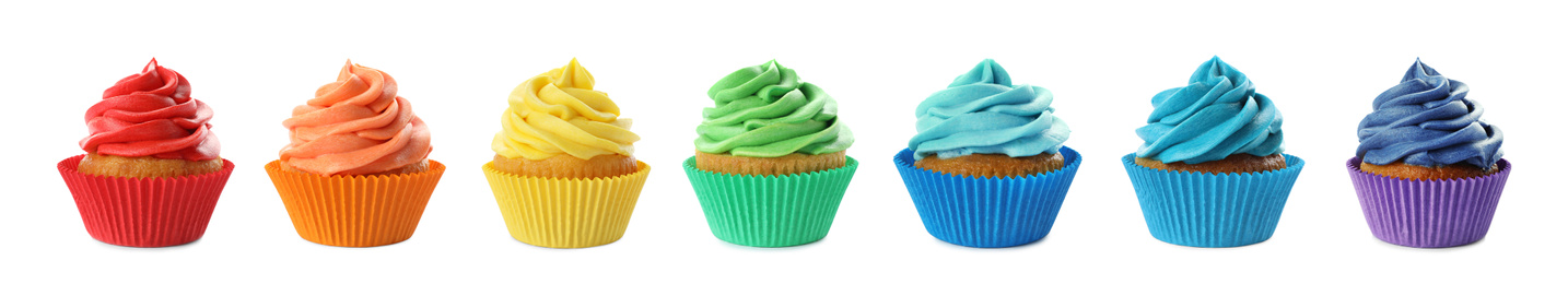 Set of delicious birthday cupcakes on white background. Banner design
