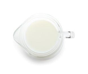 Jug of fresh milk isolated on white, top view
