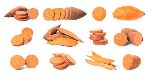 Set with fresh sweet potatoes on white background. Banner design