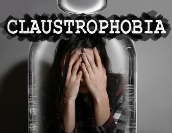 Claustrophobia. Stressed woman feeling in closed space and crying