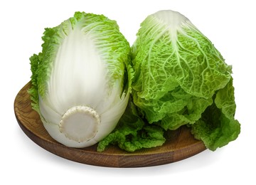 Fresh tasty Chinese cabbages and wooden board on white background
