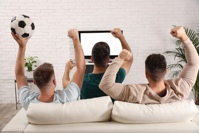 Group of friends watching football at home, back view