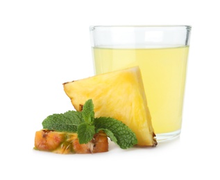 Photo of Delicious pineapple juice with fresh fruit and mint isolated on white