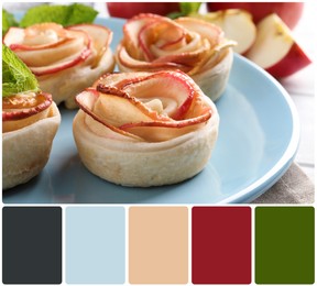 Freshly baked apple roses on plate and color palette. Collage