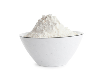 Organic flour in ceramic bowl isolated on white