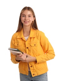 Teenage student holding books on white background