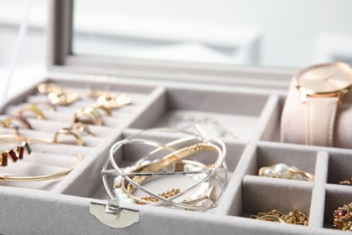 Elegant jewelry box with beautiful bijouterie, closeup