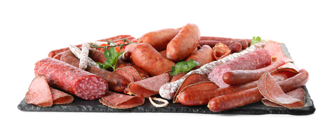 Slate plate with different tasty sausages isolated on white