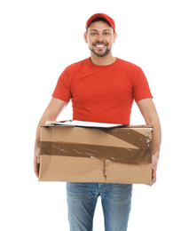 Courier with damaged cardboard box and clipboard on white background. Poor quality delivery service