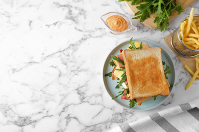 Tasty sandwich with toasted bread served on white marble table, top view. Space for text