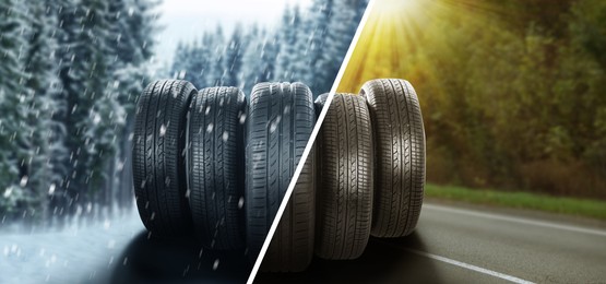 Set of new winter and summer tires on asphalt road, collage . Banner design