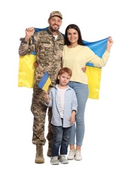 Ukrainian defender in military uniform and his family with flags on white background